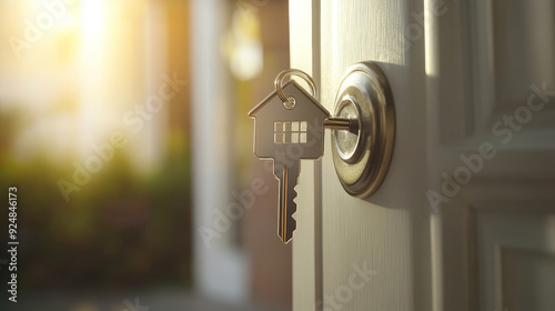 An open door revealing a new home, with a key and a home-shaped keychain prominently displayed. This visual symbolizes mortgage, investment, real estate, property acquisition, and the excitement 