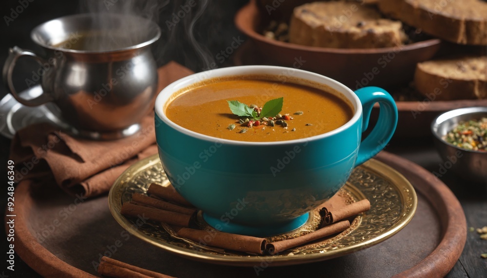 Turmeric latte with cinnamon sticks and star anise on a wooden tray