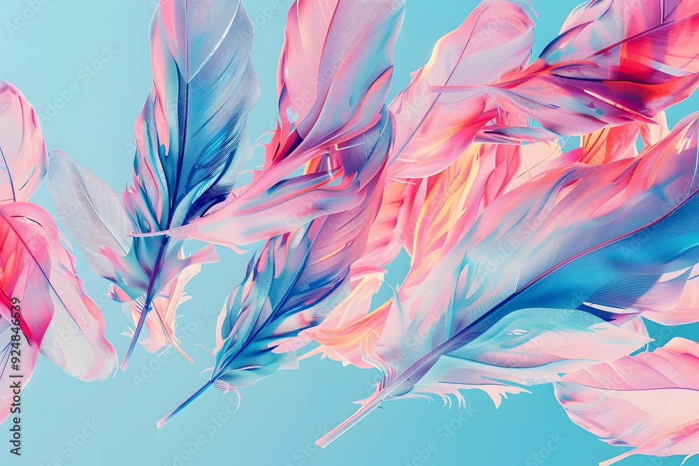 Colorful Abstract Feather Pattern on Light Blue Background with Vibrant Pink and Blue Hues Colorful Abstract Feather Pattern on Light Blue Background with Vibrant Pink and Blue Hues