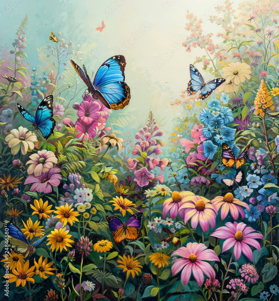 painting of a field of flowers with butterflies flying around painting of a field of flowers with butterflies flying around