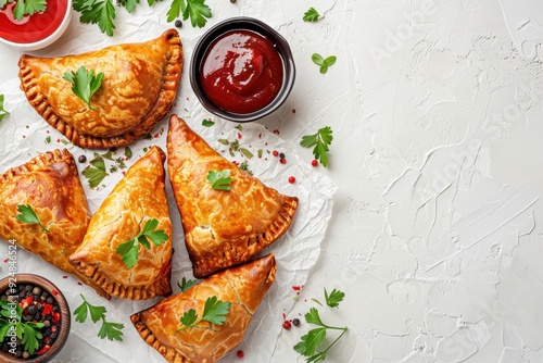 Traditional meat or vegetarian stuffed pies with sauces on white background copy space photo