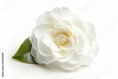 White camellia flower in full bloom on white background photo