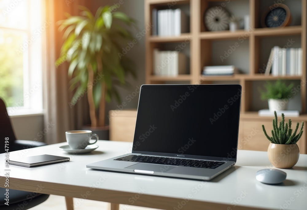 Modern workspace with laptop, coffee, and plants in a bright, cozy room during the day Modern workspace with laptop, coffee, and plants in a bright, cozy room during the day