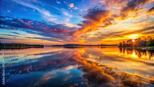 Sunset over Kanieris lake with vibrant colors reflecting on the water's surface, sunset, Kanieris lake, tranquil, vibrant photo