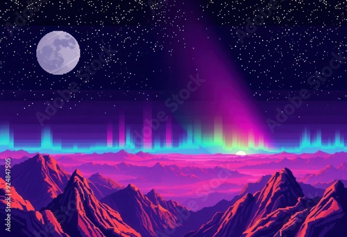 Vibrant digital landscape with mountains and aurora under a starry night sky