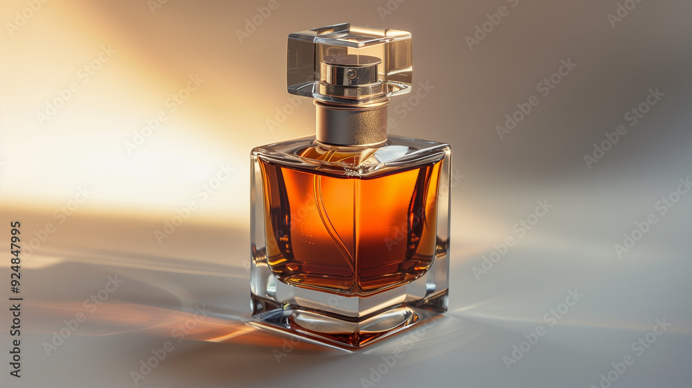 A glass perfume bottle filled with amber liquid, lit by sunlight. A glass perfume bottle filled with amber liquid, lit by sunlight.