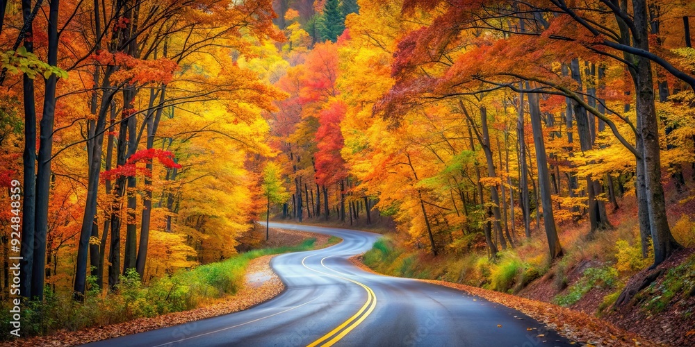 Fototapeta premium A scenic road winding through a vibrant autumn forest, autumn, road, forest, fall, trees, foliage, leaves, nature, landscape