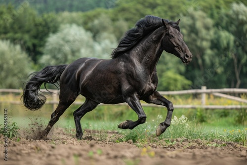 Powerful black stallion running fast with flowing mane and tail