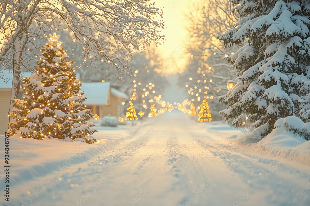 Naklejka premium Snowy Street with Christmas Lights and Trees - Winter Wonderland