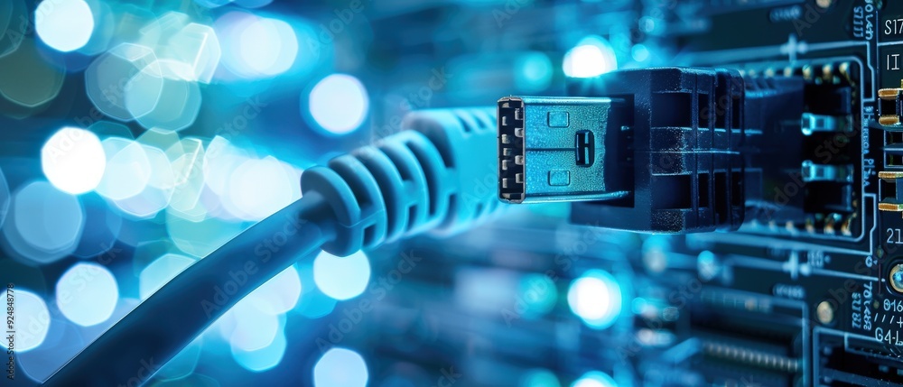 A blue and white cable is plugged into a computer A blue and white cable is plugged into a computer