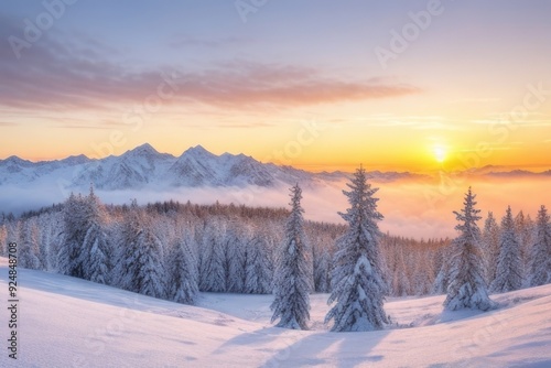 Winter forest at sunset