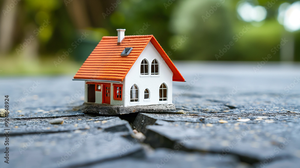Symbolic image of a house on cracked ground, representing risk or vulnerability
