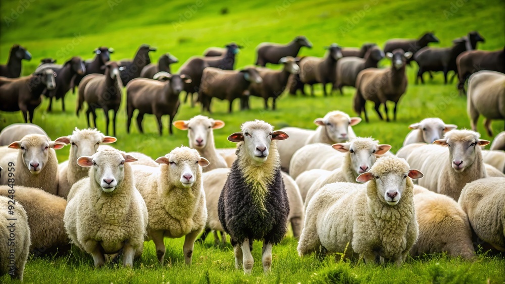 Fototapeta premium Lonely black sheep stands out in a lush green meadow surrounded by a flock of white sheep, symbolizing individuality and nonconformity.