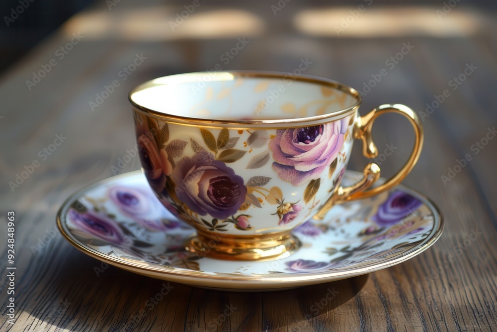 Teacup. Elegant Bone China Tea Cup with Gold Floral Design and Saucer Teacup. Elegant Bone China Tea Cup with Gold Floral Design and Saucer