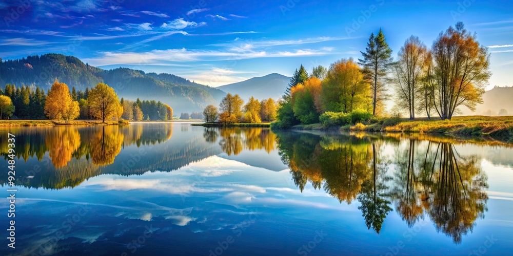 Fototapeta premium Train reflection in still water with beautiful scenic background, train, reflection, water, still, scenic, background