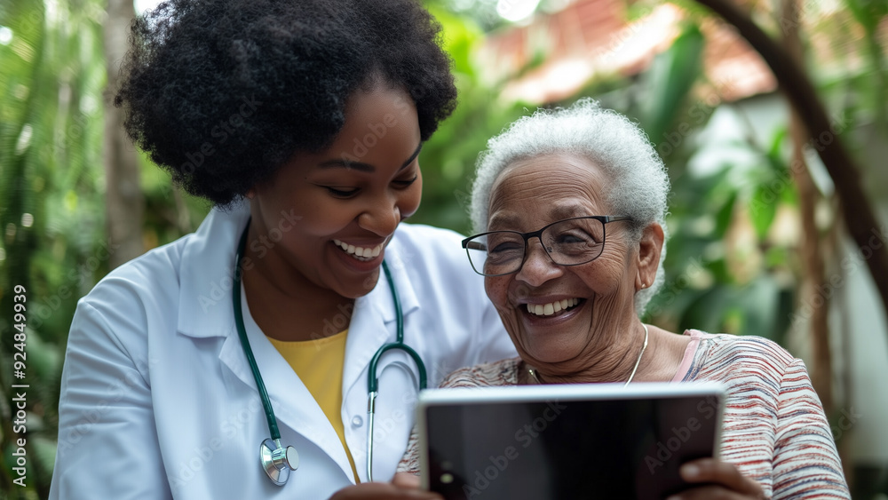 Tech-Savvy Care: Nurse and Doctor Assisting Happy Elderly Woman Tech-Savvy Care: Nurse and Doctor Assisting Happy Elderly Woman