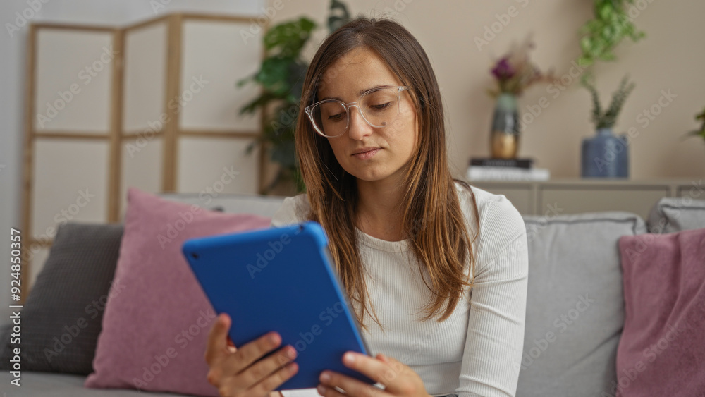 A young woman with glasses, using a blue tablet, sitting on a couch in a cozy living room, surrounded by cushions and plants, focusing intently on the screen. A young woman with glasses, using a blue tablet, sitting on a couch in a cozy living room, surrounded by cushions and plants, focusing intently on the screen.