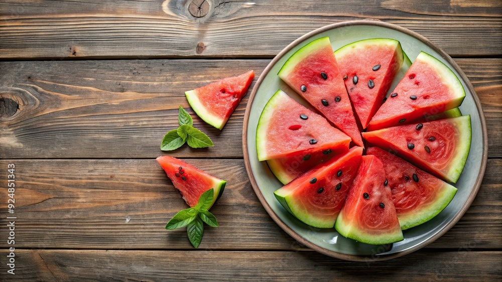 Plate of refreshing watermelon slices on a rustic wooden table, watermelon, fruit, slices, juicy, summer, dessert, refreshing