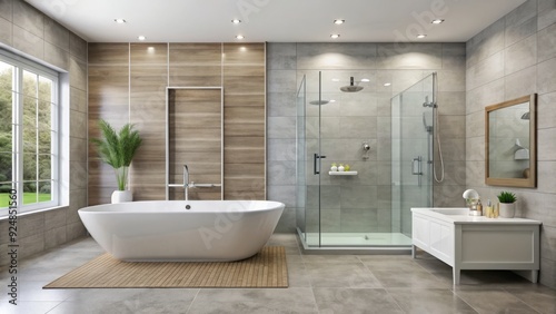 Modern bathroom features a sleek, white porcelain tub surrounded by glass shower enclosure and chrome fixtures, set against a calming, light-gray tile backdrop. photo