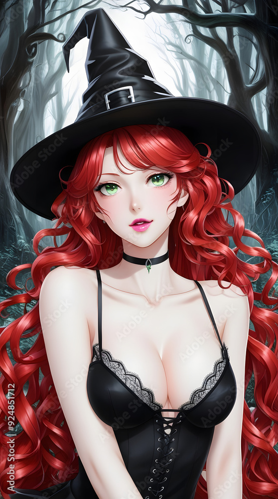 Beautiful sexy anime witch woman. Wearing a black pointed hat, a black bra and with long curly red hair. Beautiful sexy anime witch woman. Wearing a black pointed hat, a black bra and with long curly red hair.