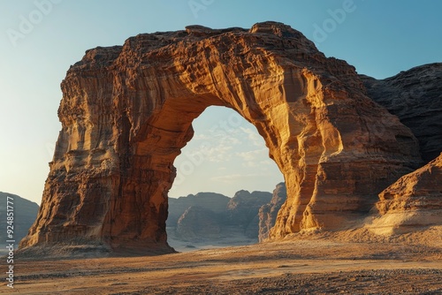 Giant Natural Stone Arch Formation in Al Ula, Saudi Arabia During Golden Hour. Breathtaking Sunrise Over Wadi Rum Desert Illuminating the Vast Landscape with Warm Hues