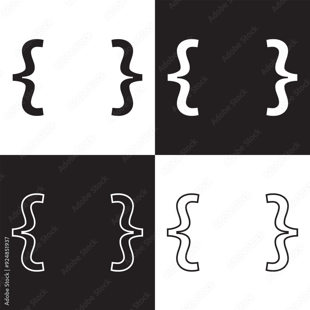 Curly bracket vector icon on white and black background. Vector illustration. EPS 10 Curly bracket vector icon on white and black background. Vector illustration. EPS 10
