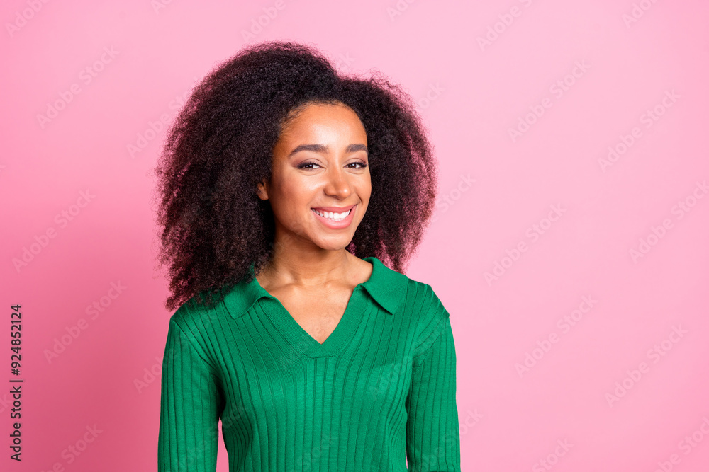 Photo portrait of attractive young woman look camera toothy smile dressed stylish green clothes isolated on pink color background Photo portrait of attractive young woman look camera toothy smile dressed stylish green clothes isolated on pink color background