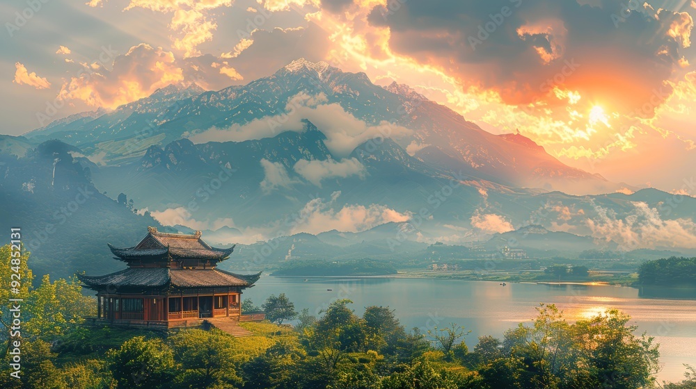 Obraz premium Stunning mountain landscape with a traditional wooden pavilion by a serene lake under a dramatic sky, perfect for themes of travel, tranquility, and nature,