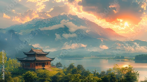 Stunning mountain landscape with a traditional wooden pavilion by a serene lake under a dramatic sky, perfect for themes of travel, tranquility, and nature,