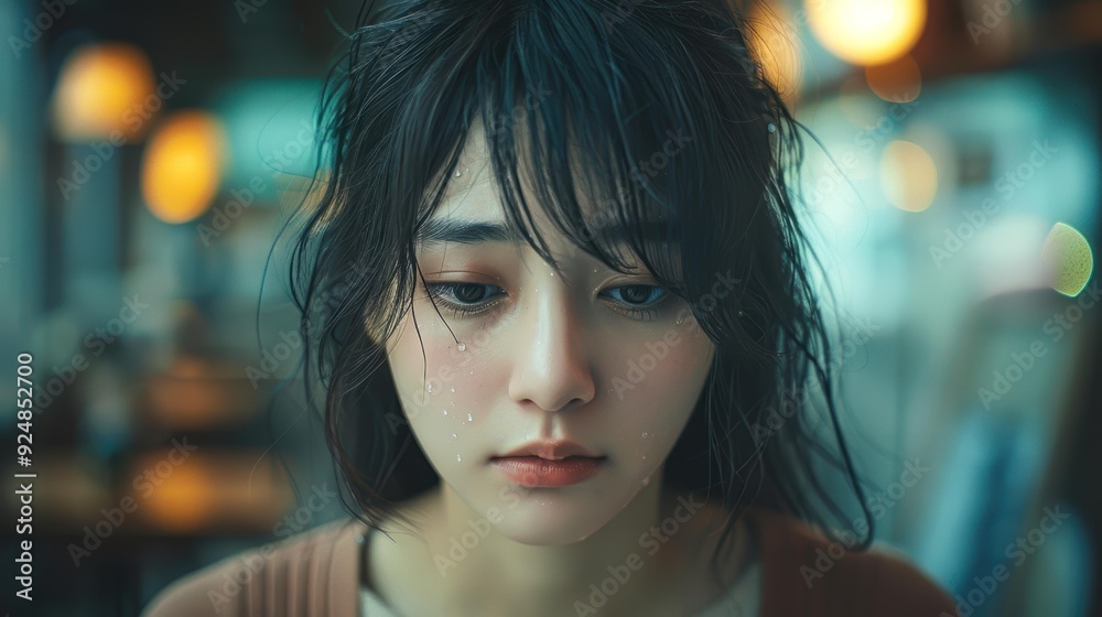A reflective young woman with wet hair and water droplets on her face, set against a softly blurred indoor background with warm lighting, perfect for themes of emotion, contemplation A reflective young woman with wet hair and water droplets on her face, set against a softly blurred indoor background with warm lighting, perfect for themes of emotion, contemplation