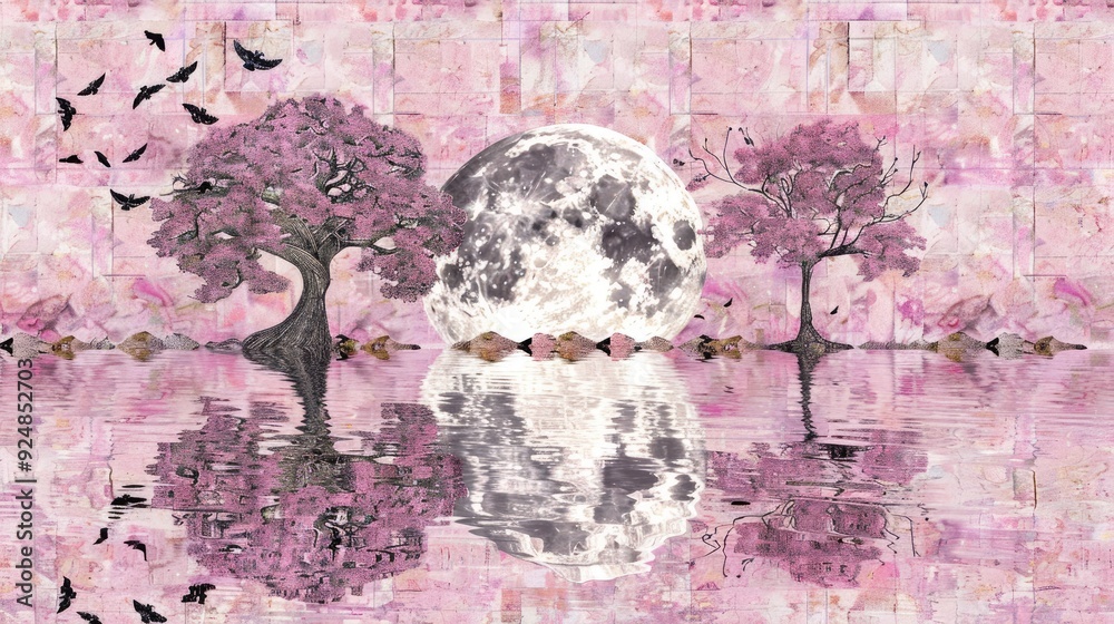 A large moon with an illustration of birds flying around it A large moon with an illustration of birds flying around it