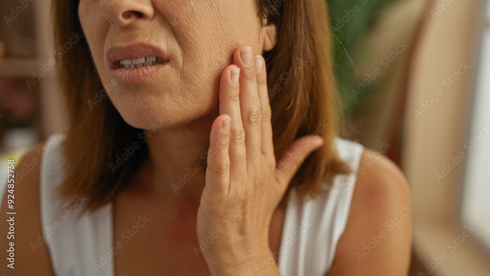 Woman examining facial skin close-up in a wellness center, highlighting mature, beauty, and indoor spa environment. Woman examining facial skin close-up in a wellness center, highlighting mature, beauty, and indoor spa environment.