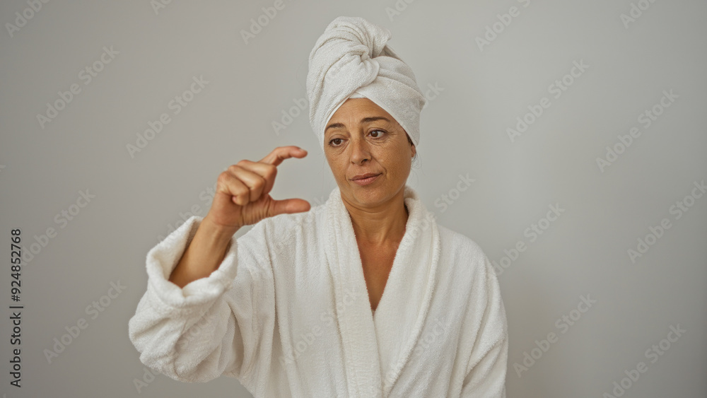 Mature hispanic woman in a bathrobe with a towel on her head making a small size gesture isolated on a white background Mature hispanic woman in a bathrobe with a towel on her head making a small size gesture isolated on a white background