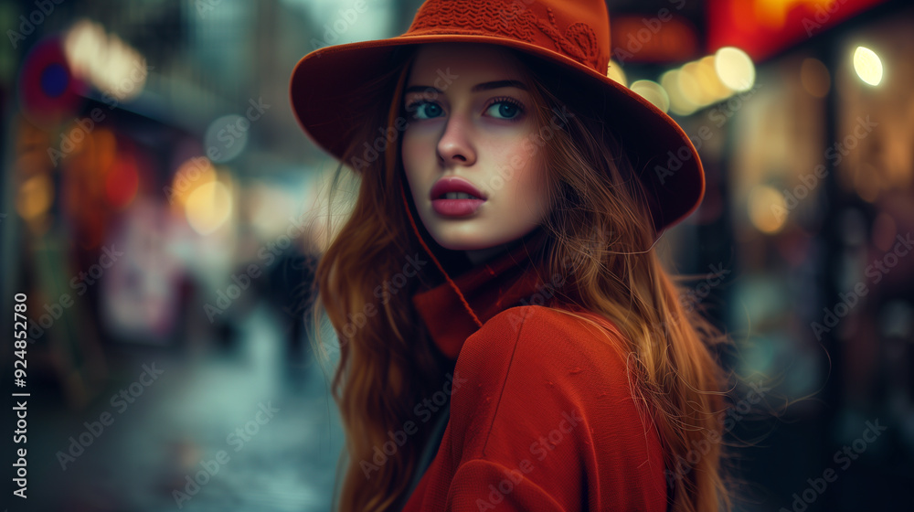 arafed woman with red hat and red coat in a city arafed woman with red hat and red coat in a city