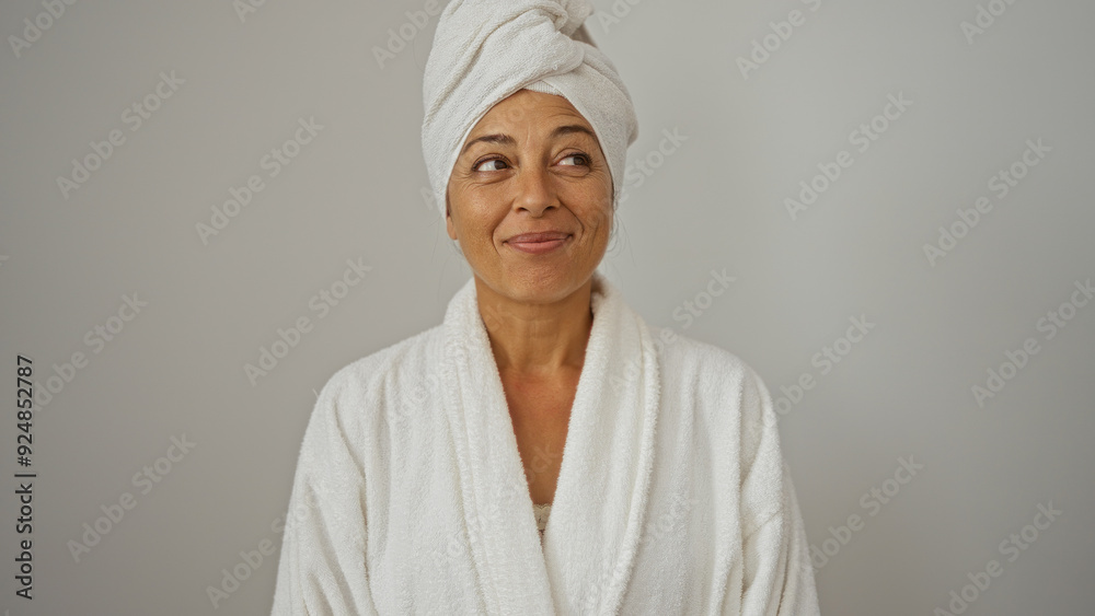 Woman smiling in bathrobe and towel looks to the side on white background