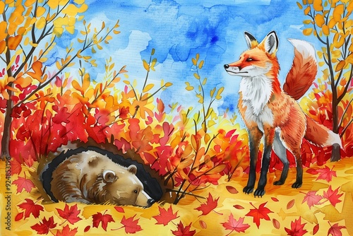 children's diy watercolor drawing - the bear is lying underground and the fox is standing in the bushes on fallen yellow red leaves in the autumn forest under the blue sky. kids art handmade painting photo