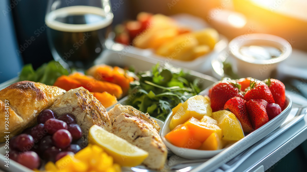 Tray Table with Healthy Airplane Meal, Highlighting Nutritious Dining Options