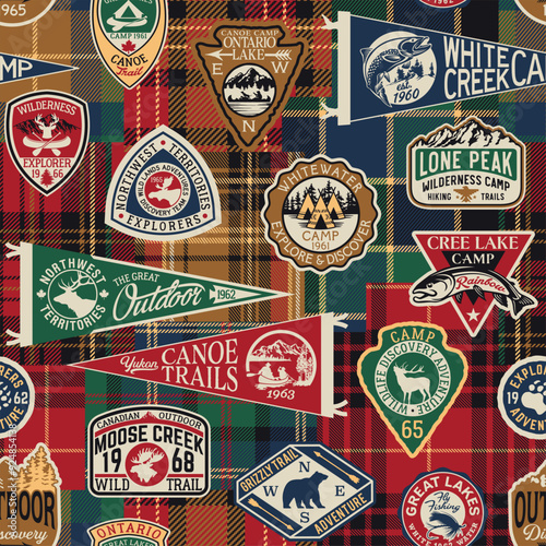 Vintage outdoor adventure label patches with tartan plaid patchwork background abstract vector seamless pattern for scarf kerchief shirt fabric wrapping carpet rug pillow tablecloth