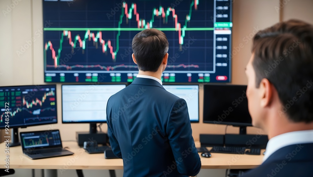 Two men in suits viewing financial chart in office, Stock trading, Trading desk. Two men in suits viewing financial chart in office, Stock trading, Trading desk.