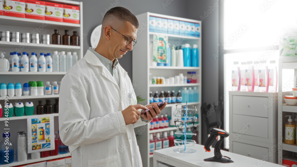 Pharmacist man using smartphone in a well-stocked pharmacy Pharmacist man using smartphone in a well-stocked pharmacy