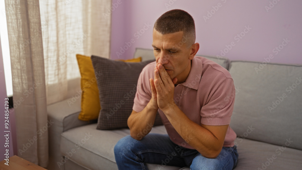 Young man sitting thoughtfully on a couch in a cozy living room with pale purple walls and soft lighting, reflecting a contemplative mood in a home interior. Young man sitting thoughtfully on a couch in a cozy living room with pale purple walls and soft lighting, reflecting a contemplative mood in a home interior.