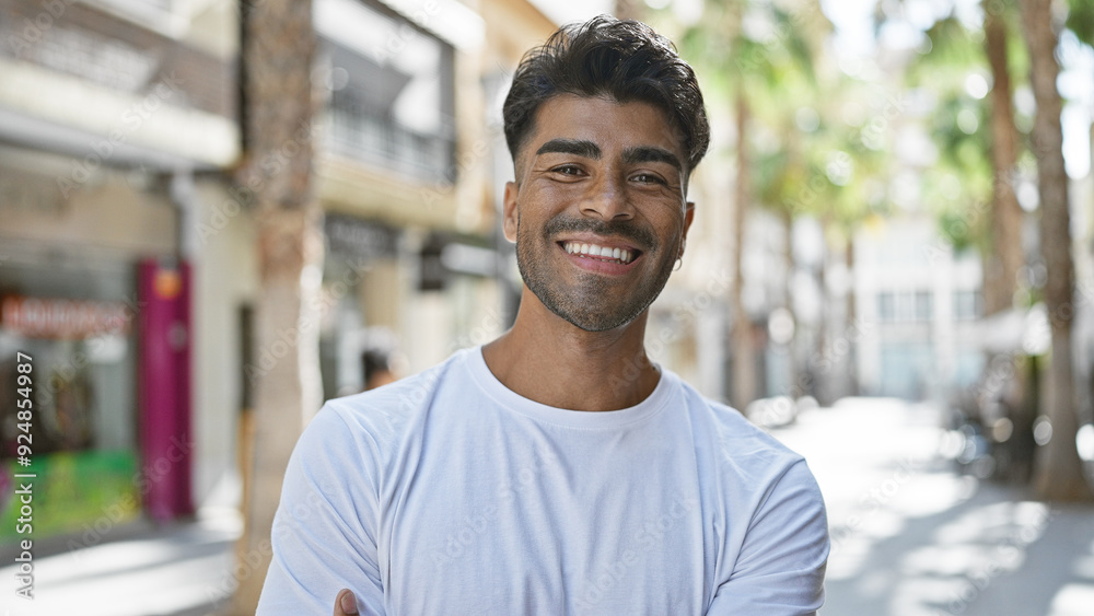Handsome young hispanic man smiling warmly on a sunlit urban street, conveying a casual and friendly vibe. Handsome young hispanic man smiling warmly on a sunlit urban street, conveying a casual and friendly vibe.
