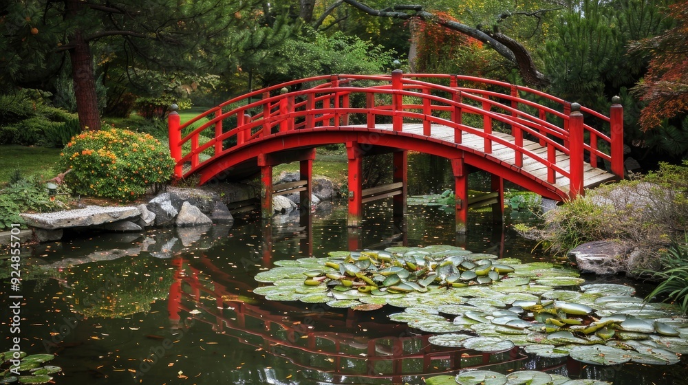 Japanese garden s classic red bridge over pond Japanese garden s classic red bridge over pond