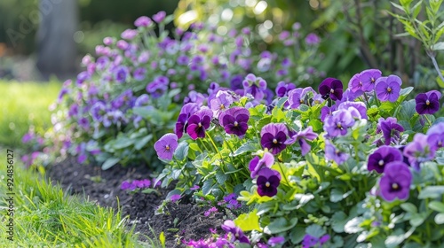 Lilac pansies bloom beautifully in a spring flower bed