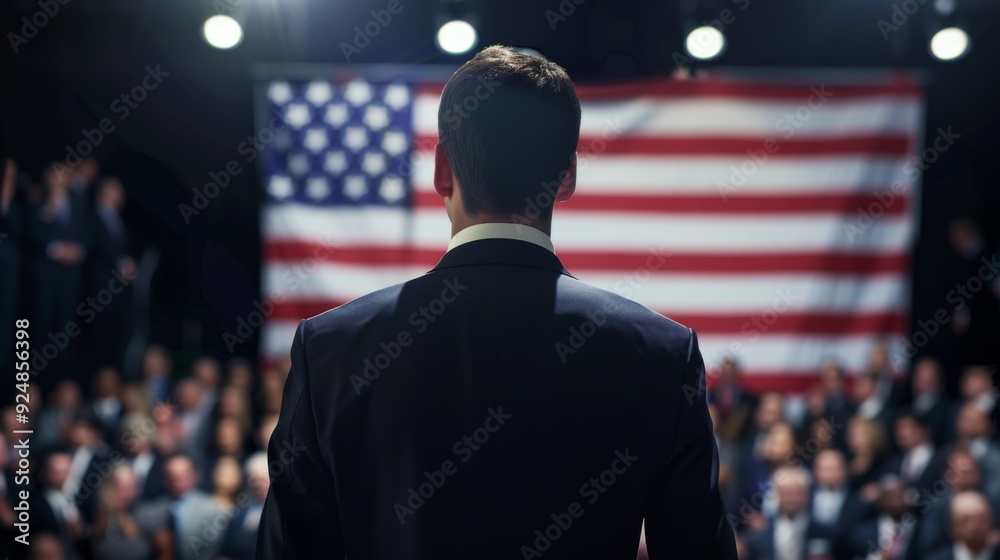 A speaker shown from the back addressing an audience, under bright lights, with a large American flag in the background, illustrating a formal and important event. A speaker shown from the back addressing an audience, under bright lights, with a large American flag in the background, illustrating a formal and important event.