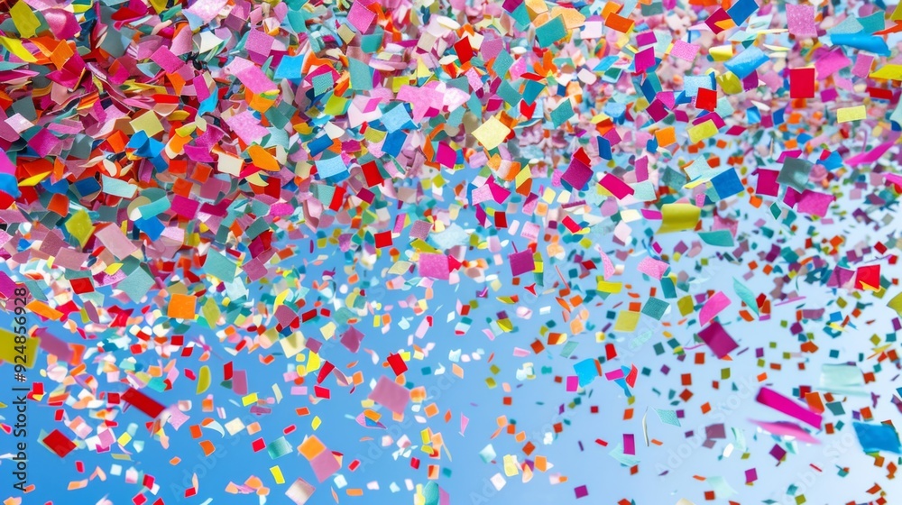A sky filled with numerous colorful confetti pieces, capturing a moment of pure celebration and joy, enhancing the overall festive spirit with a dynamic spread of colors. A sky filled with numerous colorful confetti pieces, capturing a moment of pure celebration and joy, enhancing the overall festive spirit with a dynamic spread of colors.