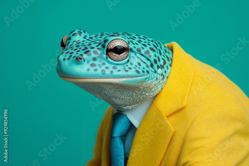  An anthropomorphic blue gecko dressed as a CEO in a yellow suit against a pastel green background. 