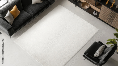 Wallpaper Mural Rug mockup, top view of a round white rug on a grey concrete floor in a modern home interior with a sofa, high-angle shot Torontodigital.ca