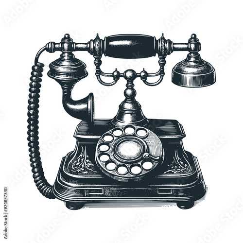 The vintage telephone. Come and take. Black white vector illustration. Logo and icon.