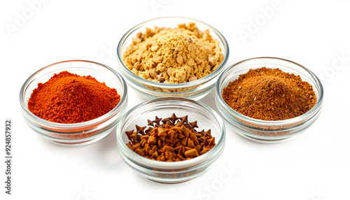 Spices and herbs in small glass bowls. Food and cuisine additives isolated with white highlights, png